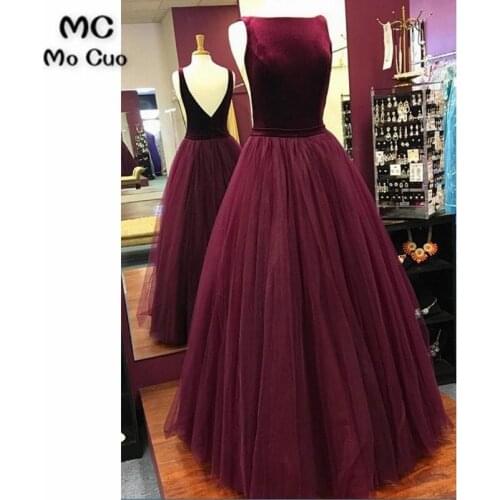 2018 Burgundy Prom Dresses Long Sleeveless Backless Vestido Longo Tulle Formal Evening Party Dress for Women