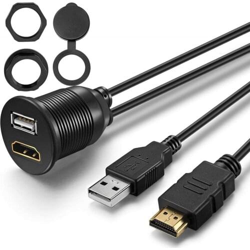 USB HDMI Mount Cable – 1 Meter 3ft USB and HDMI Extension Flush, Dash, Panel Mount Cable, for Car, Boat, Motorcycle