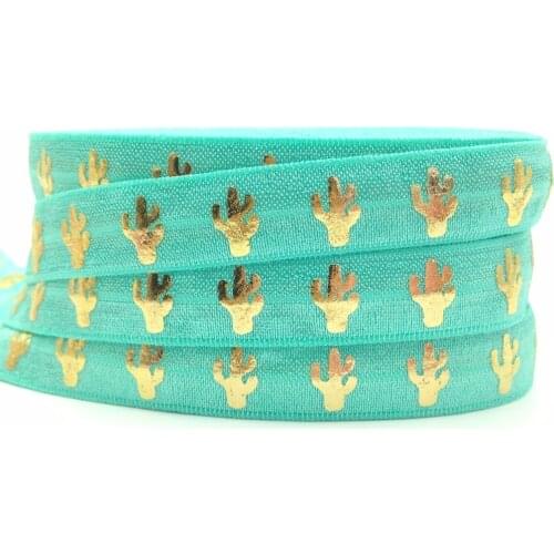 10 yards wholesale Turquoise Cactus Metallic Foil print Foe elastic Hairbands ribbon DIY handmade Hair tie