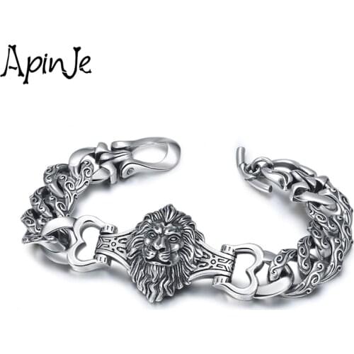 Apinje 925 Sterling Silver Animal Bracelet Lion Personality Chain Mens Punk Bracelet Biker Men Jewelry
