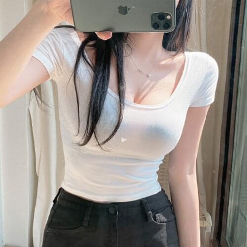 White Summer T-Shirts Women O-Neck Sexy Short Sleeve Casual Solid Korean Shirts Tops Skinny Streetwear Tops Cotton 2021 Z644