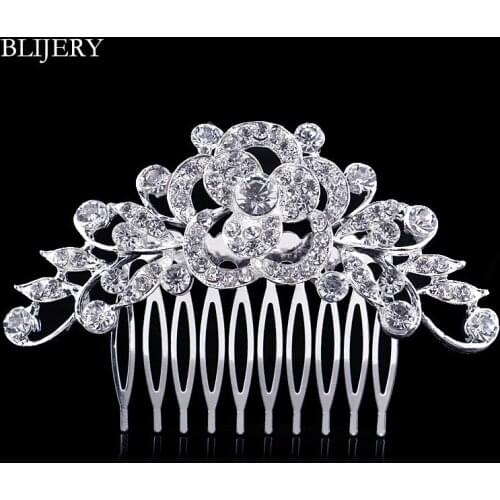 BLIJERY Fashion Crystal Bridal Hair Combs for Women Hairpins Silver Color Flower Wedding Hair Jewelry Accessories Prom Headpiece