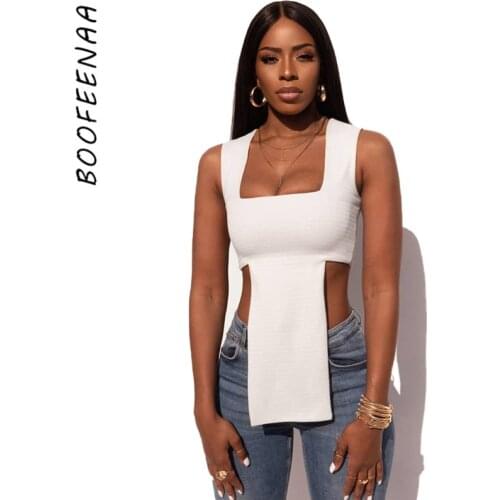 BOOFEENAA Sexy Square Collar Asymmetrical Tank Tops Womens Summer Shirts White Streetwear Fashion Crop Top 2021 C85-BZ11
