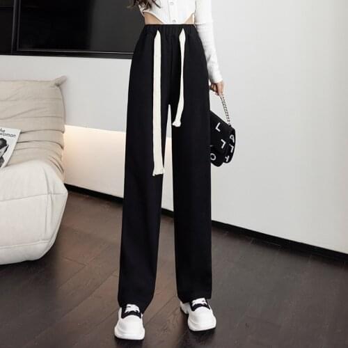 Drawstring wide leg pants women 2021 autumn and winter new fashion loose straight leg sports pants high waist black casual pants