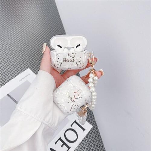 Bronzing Shell Pattern Bear Wireless Bluetooth Earphone Cover Case for Apple Airpods 1 2 Pro Gift Cover with Pearl Bracelet