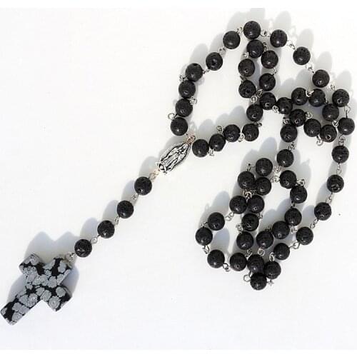 8mm Black Buddhist Lava Rock Stone Cross catholic rosary prayer necklace Men jewelry