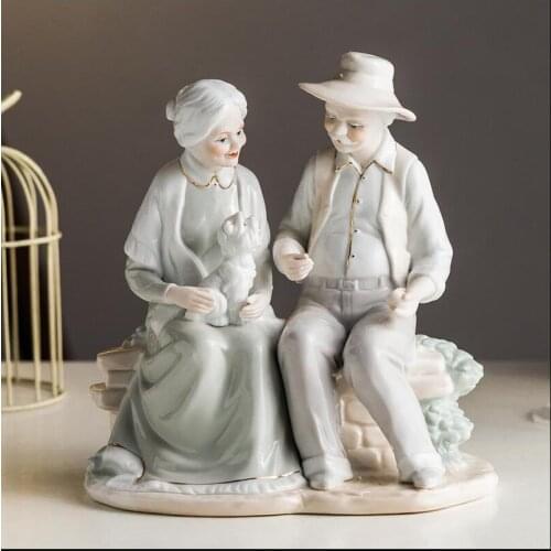 European Ceramic Old Man And Old Lady Ornaments Decor Office Figurines Crafts Parents Old Couples Gold Wedding Anniversary Gifts
