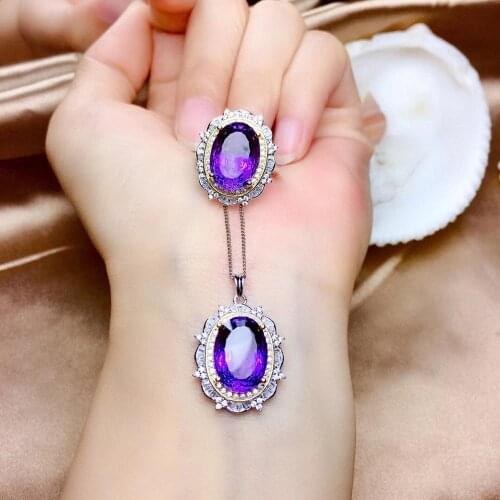 Good Valentine Gift Amethyst jewelry set Natural Real Amethyst 925 sterling silver 1pc pendant,1pc ring