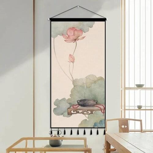 Chinese Zen Lotus Flower Canvas Painting Wall Art Canvas Posters Print Pictures Scroll Painting Door Hanging Tapestry Home Decor