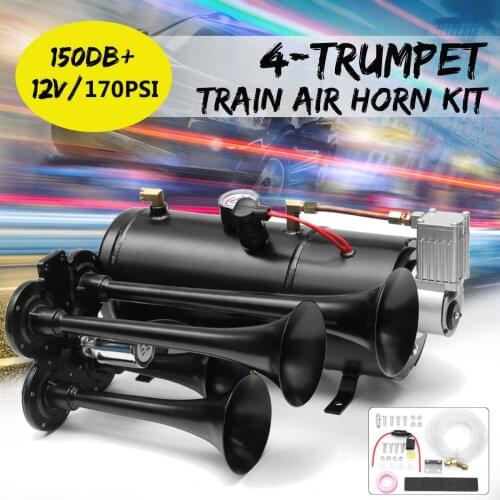 4 Trumpet Air Horn Kit 12V 170 PSI 150dB Truck Train Boat Quad 3 Liters Compressor Tubing & Hose Super Loud