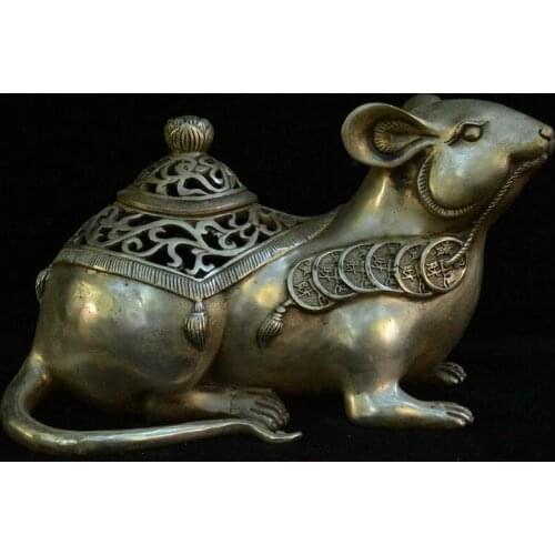 7" Old China Dynasty Silver Feng shui 12 Zodiac Year Mouse Incense Burner Censer