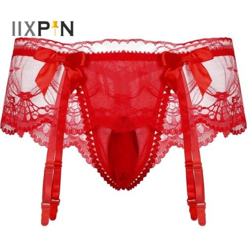 Mens Lingerie Sissy Underwear Sexy Costumn Nightwear for Sex T-back Briefs with Small Bowknot Erotic Male Underwear Lace Panties