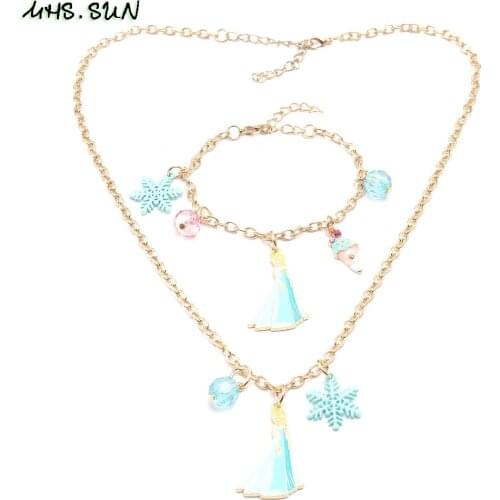 MHS.SUN Cute Design Girls Princess Snowflower Ball Pendants Chain Necklace&Bracelets Set Fashion Charms Jewelry Set For Kid Baby