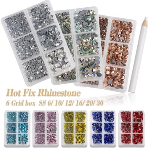 New sale 6 Grid boxs Hotfix Rhinestones ss6-ss30 mixed 6 sizes Glitter Crystal Stones For DIY Clothing decoration
