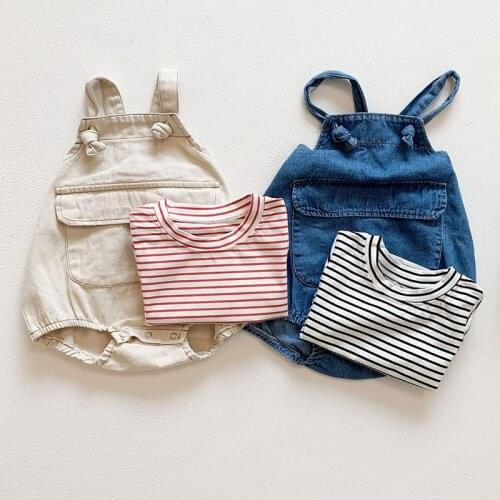 New 2021 Summer Infant Baby Boys Girls Short Sleeve Stripe T-shirt + Cowboy Shorts Clothing Sets Kids Boy Girl Clothes Suits