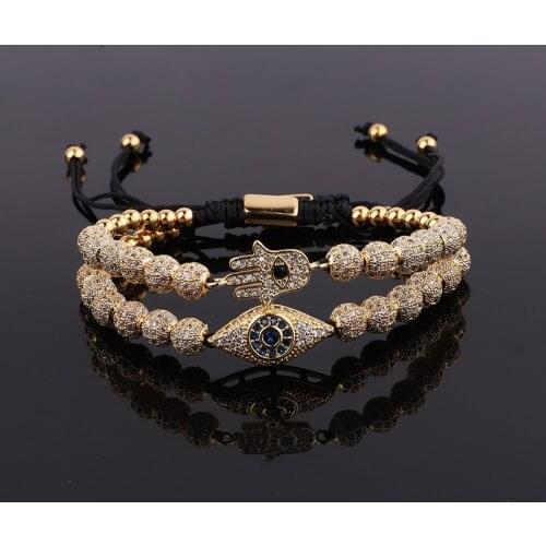 New Design Luxury Men Bracelet Jewelry Gold Plated CZ Pave Eye Hand Charm Beaded Macrame Bracelet Set Male