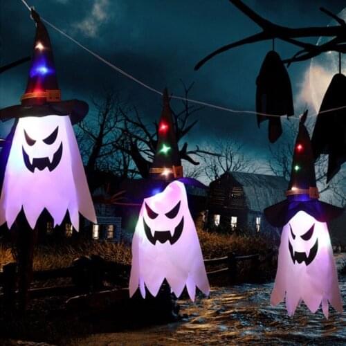 LED Lights Halloween Witch Hat Wizard Cap Halloween Costume Props Outdoor Tree Hanging Ornament Home Glow Party Decor