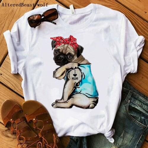 Pug Mama Tshirt Women Harajuku I Love Mom Bandana T-shirt Funny 90s Print Fashion Summer O-neck Women Top Tees Female T Shirt