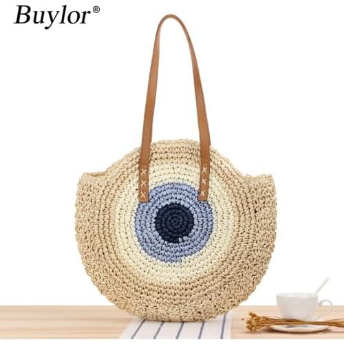 Buylor Women Fashion Straw Bags Summer Female Round Beach Handbag Simple Tote Bag Round Message Hand-Woven Shoulder Bag