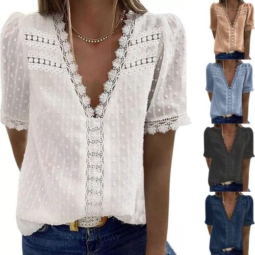 Women Fashion Lace Short Blouse Sleeve Casual T-shirt V-neck Solid Color Blouse Top Summer Fashion Aesthetic And Elegant Blouse