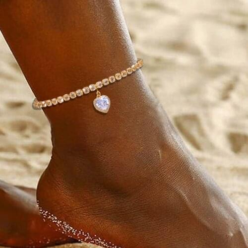 Stonefans Summer Fashion Heart Crystal Anklet Chain for Women Boho Rhinestone Tennis Ankle Bracelet on the Leg Jewelry Wholesale