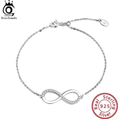 ORSA JEWELS Genuine 925 Adjustable Infinity Bracelet AAAA Zircon Sterling Silver Charming Bracelet Female Simple Jewelry SB54