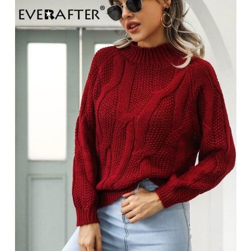 EVERAFTER O-Neck Knitted Sweater Women Pullover Autumn Winter 2020 Knitwear Lantern Sleeve Casual Loose Solid Pullovers Jumper