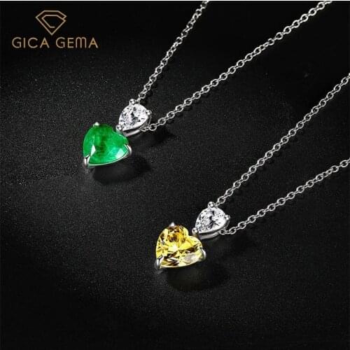 GICA GEMA Heart Diamond Emerald Pendant Necklace For Women Real 925 Sterling Silver Green Yellow Gemstone Fine Jewelry Wholesale