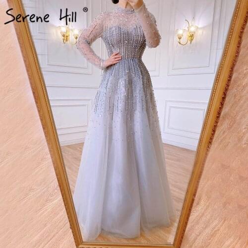 Serene Hill Silver Luxury Sexy Evening Dresses Gowns 2021 A-Line Beaded Crystal Lace Up For Women Party BLA71227