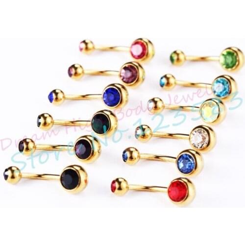 Gold Belly Button Rings DOUBLE GEM CRYSTAL BELLY BAR RING BARBELL BANANA ANODIZED Surgical Steel Navel Ring 1.6mm x 10mm