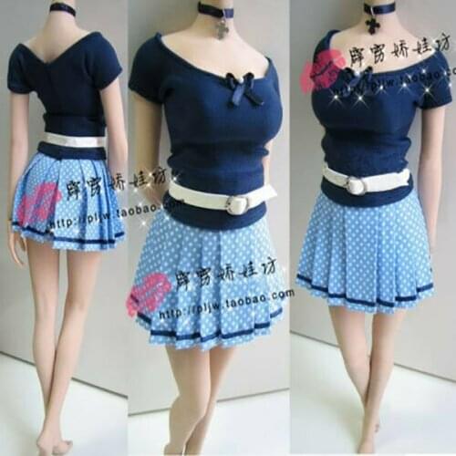 1/6th T-shirt Blue Polka Skirt Clothes with BeltOutfit For 12" Female Figure Body Model