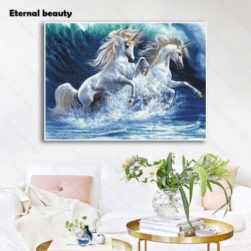 5D Diy Diamond Painting Full Square Round Drill Blue Unicorns Running In Water Diamond Embroidery Cross Stitch Kits Decoration