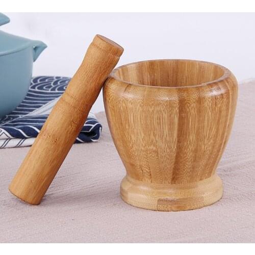 1Set Bamboo Artifact Garlic Press Pot Pedestal Bowl Masher Grinder Mortar And Pestle Grinder Set Herb Spice Crusher Kitchen Tool
