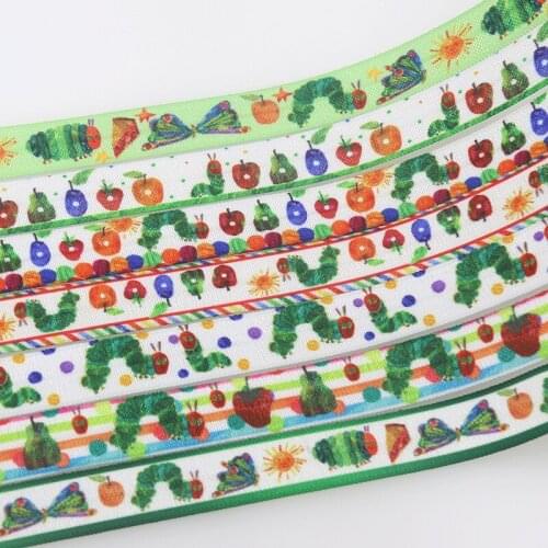 DHK 5/8'' 50yards Hungry caterpillar printed Fold Elastic FOE stretch ribbon hairbow headwear headband DIY OEM S1483