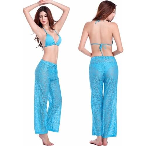 Dropshipping Female Favorite Loose Pattern 2020 Floral Design Adjustable Tie Sexy Transparent Casual Lace Long Pant 4 Colors