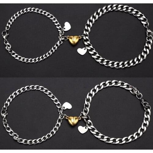 Gold Heart Charm Pendant Magnet Bracelet Titanium Steel Bracelets Jewelry for Couples Lovers Men Women Best Friend N2UE