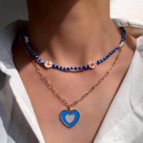 Fashion Layered Blue Flower Beaded Enamel Heart Pendant Necklace Acrylic Glass Bead Strand Metal Charm Necklaces Beach Style