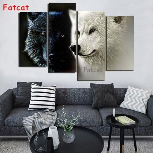 4 Panel black white wolf 5d diy diamond painting full drill mosaic animal diamond stitch embroidery gift home full decor PP1785