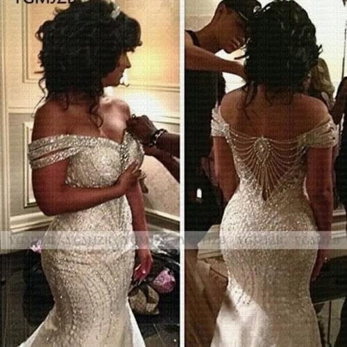 Luxury Crystal Beads African Wedding Dresses Plus Size 2020 Off Shoulde Dubai Arabia Bridal Dress Wedding Gown Robe De Mariee