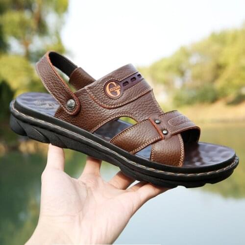 Summer Men Genuine Leather Sandals Brand Comfortable Driving Men Soft Bottom Shoes Thickened Sole Men Beach Slippers Sandalias