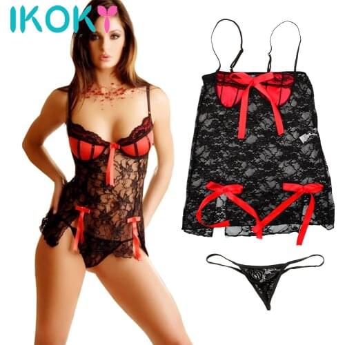 IKOKY Hot Erotic Chemises G-String Underwear Babydoll Nightwear Womens Sexy/Sissy Lingerie Floral Bow Lace Lingerie