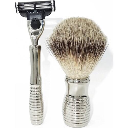 WLONG Mens Grooming Brush with Soft Pure Badger Bristle Stainless Steel Handle and 3-Layer Safety Face Razor