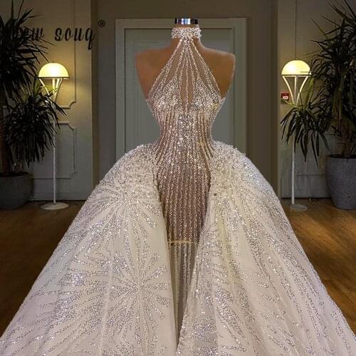 Luxury Sparkly Detachable Train Mermaid Wedding Dresses Gowns 2021 Vestido De Noiva Couture Dubai Bridal Wedding Gowns Dress