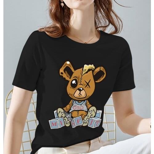 Black All-match Female T-shirt Bear Print Series Top Fashion Short-sleeved Ladies T-shirt Summer Casual O-neck Womens Clothing
