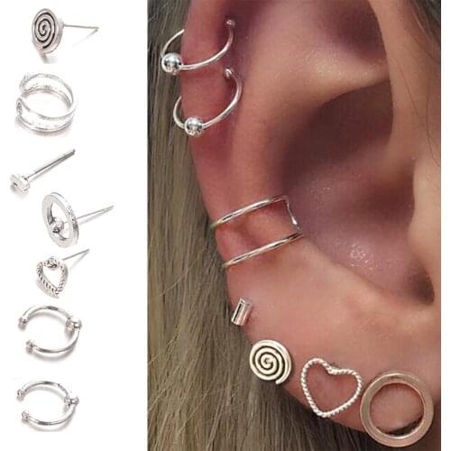 7Pcs/Lot Vintage Tibetan Top Ear Tragus Piercings Hoop Helix Cartilage Tragus Daith Earring Studs Piercing Silver Color Jewelry