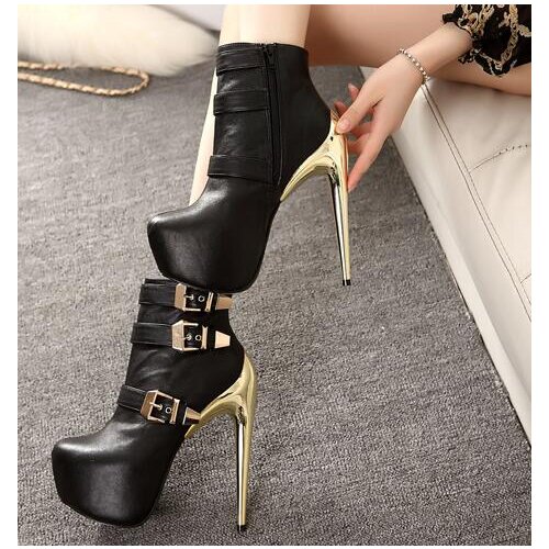 Spring newest riding boots for woman black leather buckle strap ankle boots gold metallic heels boots platform short boots