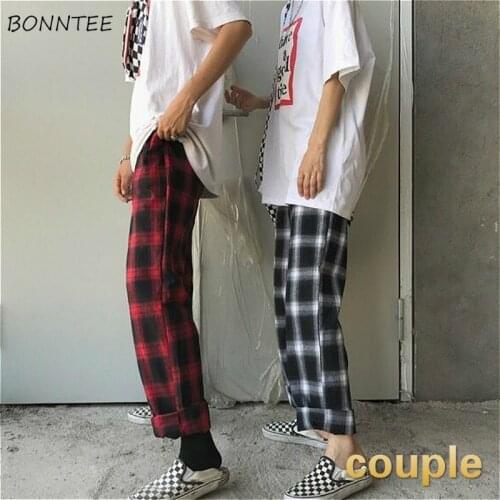 Hip Hop Pants Women Soft Cotton Linen Ulzzang New Plaid Summer Couple Preppy Girls Harajuku Pant All-match Big Size Streetwear