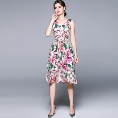 Fashion Summer Holiday Dress Women V-Collar Backless Elastic Waist Tank Dress Elegant Floral Printing Beach Boho Midi Dresses