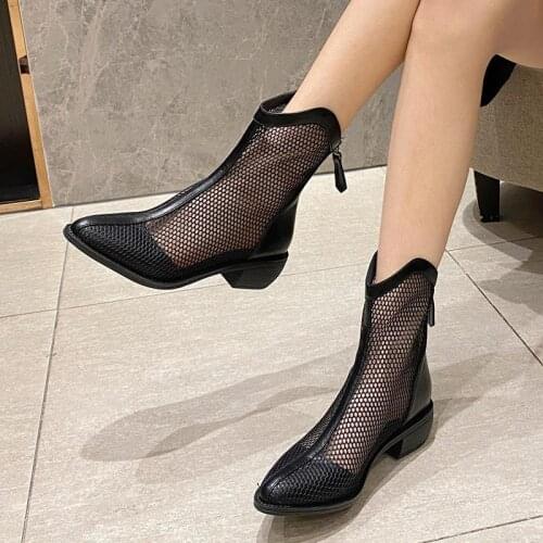 Summer Mesh Boots Women Lace-up High Heels Breathable Pumps Zip Thick Heels Fashion Autumn Shoes Female Footwear Big Size