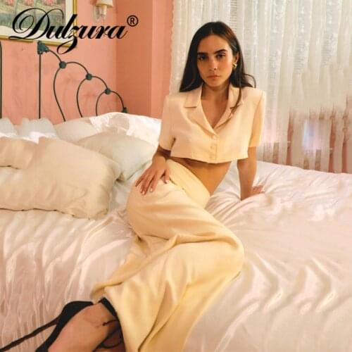 Dulzura 2021 Summer Women Blazer 2 Pieces Single-Breasted Turn Down Collar Short Sleeve Crop Top Midi Skirt Set Fashion Outfit